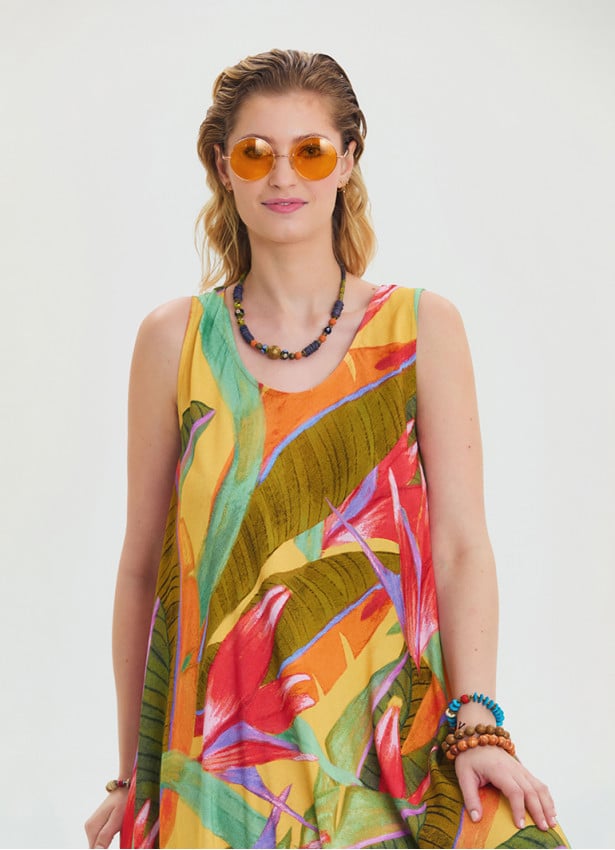 Boat Neck Loose Cut Yellow Authentic Dress 4666